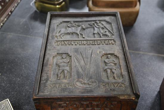 A 16th century style German carved fruitwood bible box, 15.5 x 10.5 x 6in.